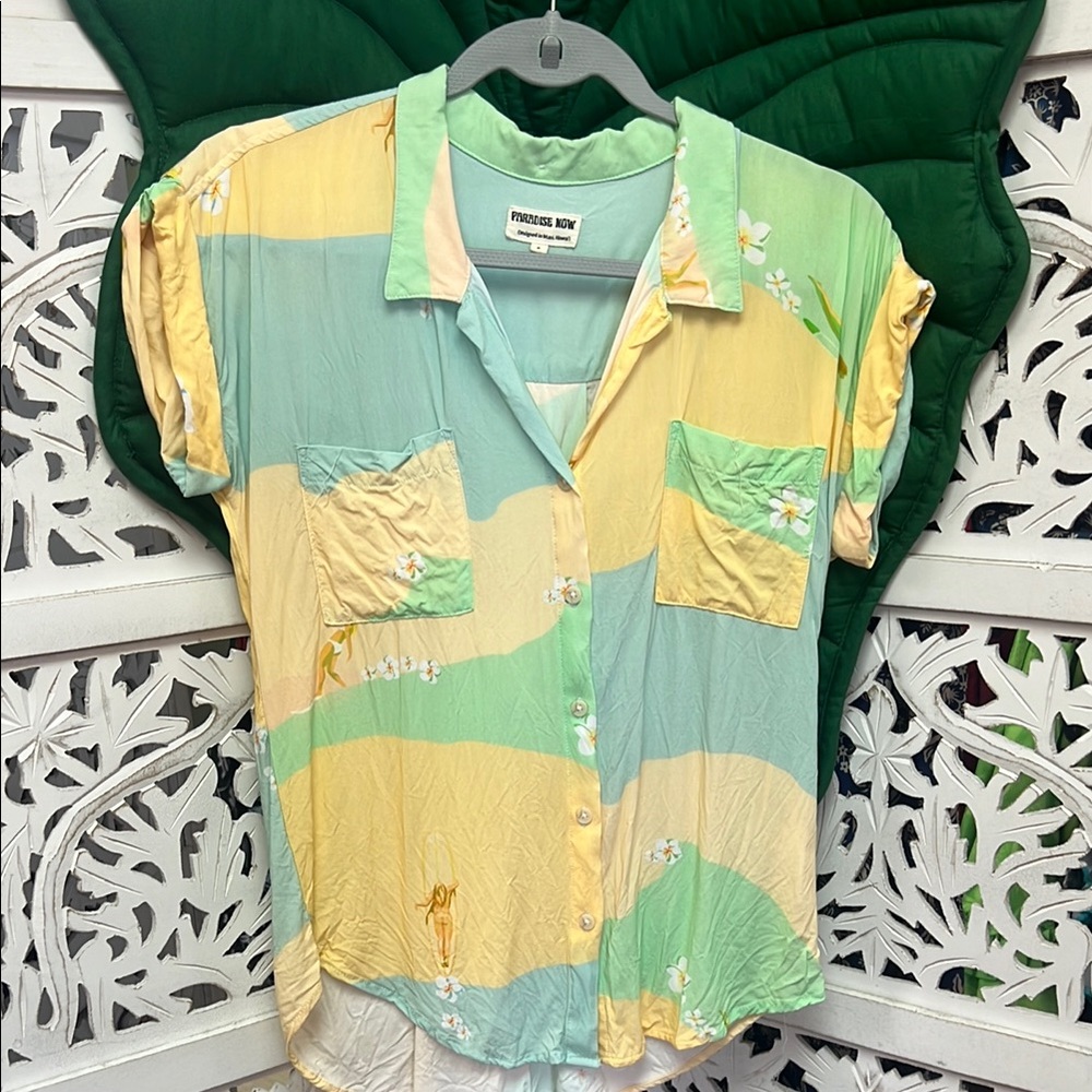 Paradise now Hawaii made yellow/blue/green surfer plumeria button up shirt. S